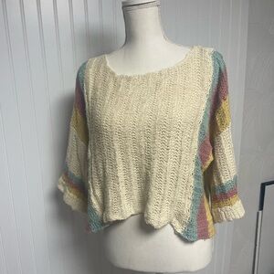 Altar’d State Boho Granny Ribbed Cropped Cream Sweater Womens Small